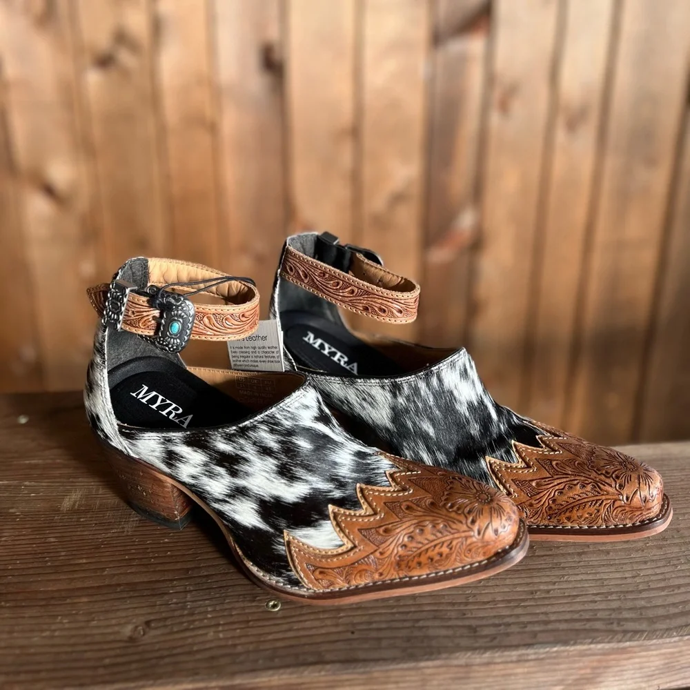 New Hand-Tooled Leather  strap Genuine Hide-On Women Bootie Boot Boho Western - Picture 6 of 11